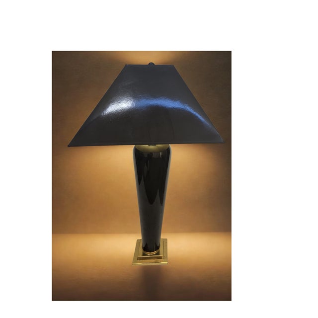 1990s Frederick Cooper Black Enamel Table Lamp – Brass Base, Finial & Shade – Sculptural Modern Classic For Sale - Image 16 of 17
