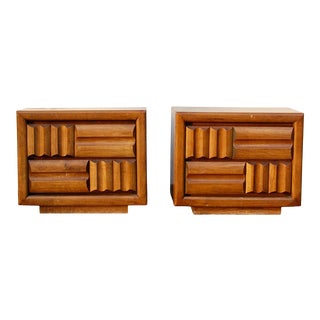 1970s Brutalist Mosaic Woodblock Nightstands - a Pair For Sale