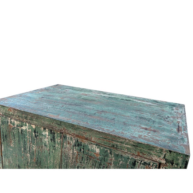 1990s Distressed Teal Green Marks Moon Face Slim Credenza Side Cabinet For Sale - Image 5 of 5