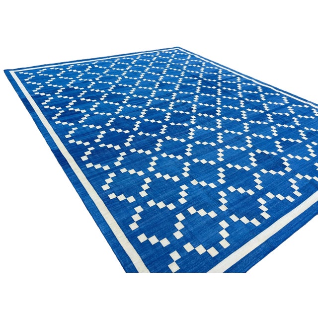 Textile Handmade Cotton Rug, Contemporary Denim Blue and Cream Diamond Pattern Dhurrie - 12'x15' For Sale - Image 7 of 12
