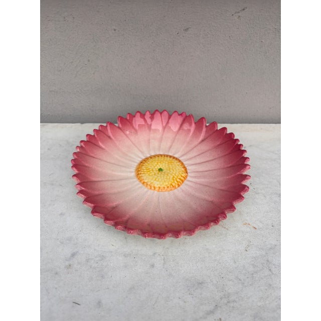 19th Century French Majolica Pink Daisy Plate Delphin Massier. one hairline.
