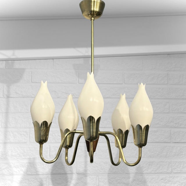 Scandinavian Tulip Chandelier in Brass and Glass from Fog & Mørup, 1950s For Sale - Image 14 of 14