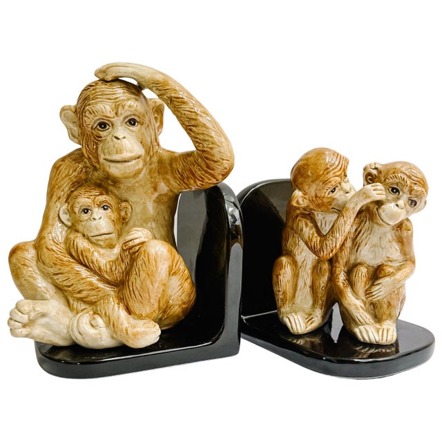 Chinoiserie 1986 Vintage Fitz and Floyd Ceramic Monkey Bookends - A Pair For Sale - Image 3 of 5