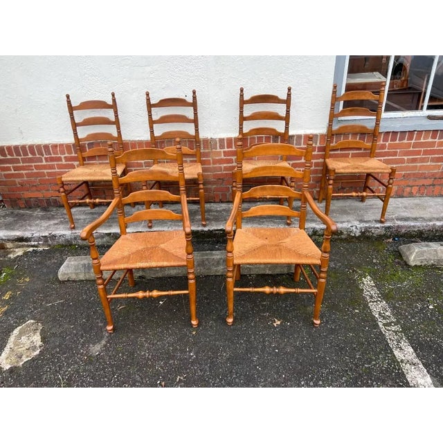 Vintage French Country Style High Ladder Back Maple Rush Seat Dining Chairs, 1960s - Set of 6. Possibly by Ethan Allen For Sale - Image 11 of 11