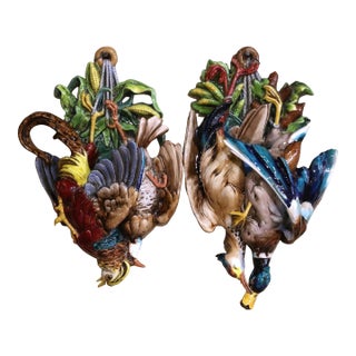 Pair Early 20th Century French Barbotine Majolica Game Bird Wall Pockets For Sale