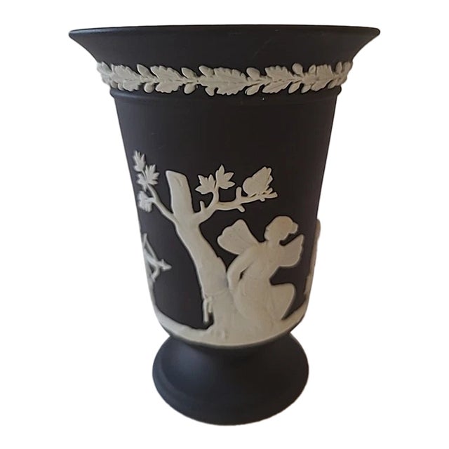 Vintage Wedgwood Black Jasperware Footed Vase For Sale