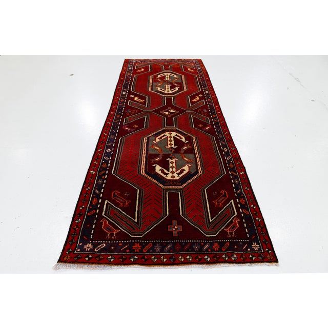 1950s Mid-20th Century Caucasian Kazak Runner With Bird Motifs and Geometric Medallions in Crimson and Navy For Sale - Image 5 of 9