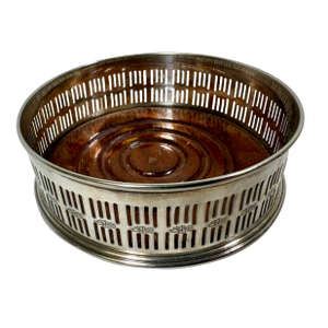 Vintage Mid Century Modern Falstaff Silver Plate Wine Coaster With Wooden Base From England - Circa 1950