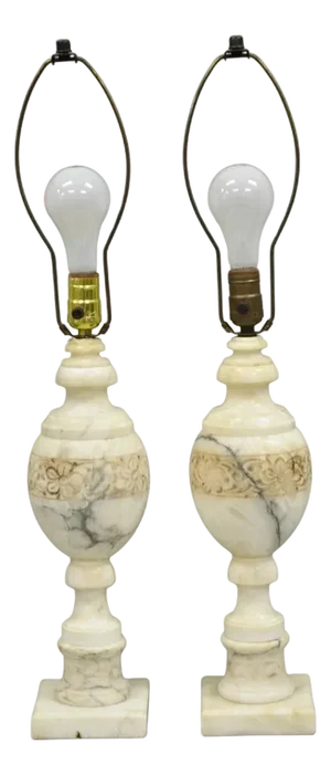 Vintage Italian Neoclassical Style Carved White Marble Urn Table Lamps - a Pair
