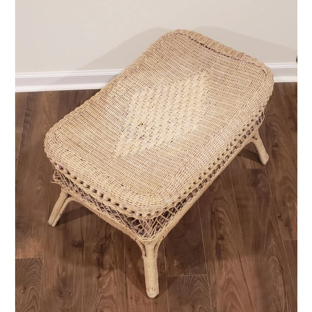 1950s 1950s Vintage 2 Tier Wicker Table With Intricate Wood Details in Original Antique Creamy White Paint & a Diamond Design on the Top For Sale - Image 5 of 12