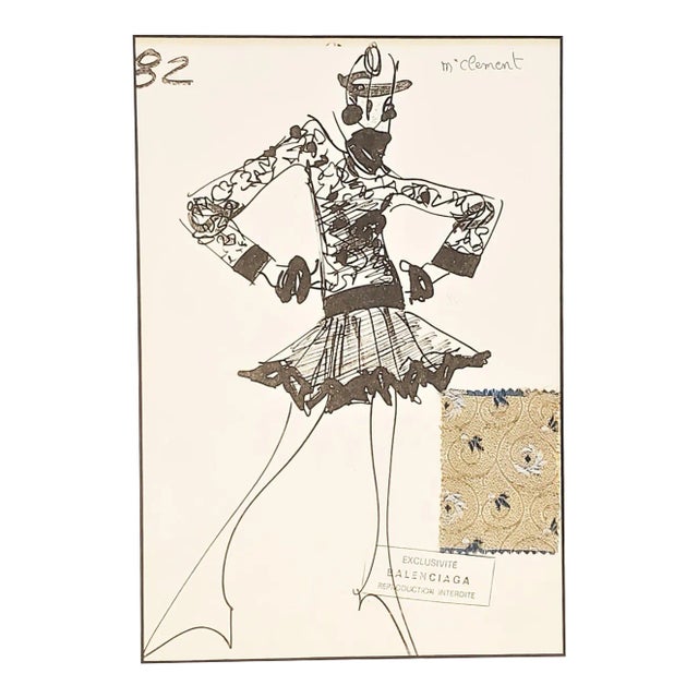 1980s Vintage Balenciaga French Fashion Design With Fabric Swatch, Matted For Sale