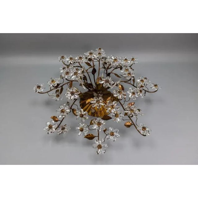 Large Italian Hollywood Regency Crystal Glass Flower Ceiling Light, 1950s For Sale - Image 13 of 18