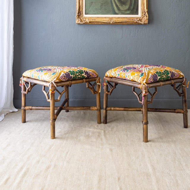 Pair of McGuire Style Chinoiserie Bamboo Stools or Ottomans With Tufted Cushions. For Sale - Image 6 of 18