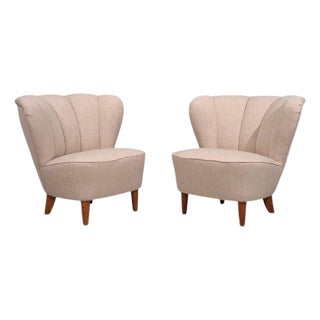 Carl-Johan Boman, Lounge Chairs, Beige Linen, Wood, Finland, 1950s For Sale