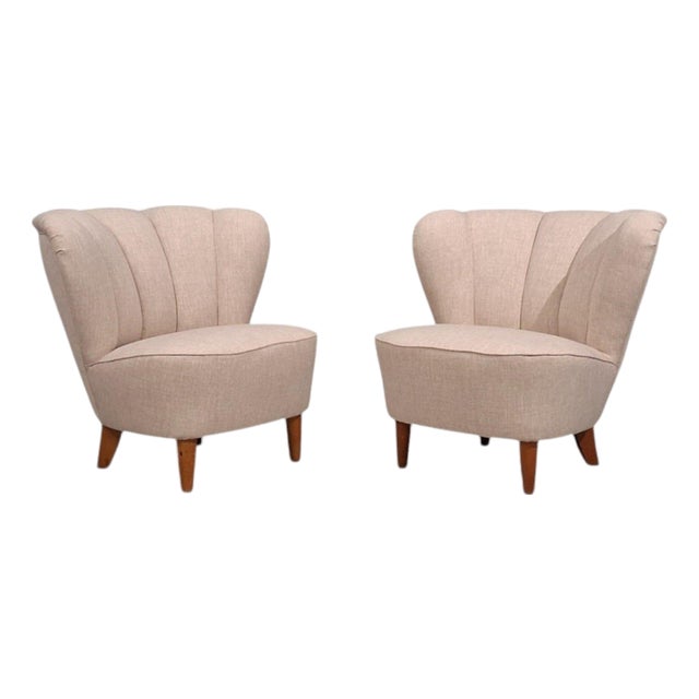 Carl-Johan Boman, Lounge Chairs, Beige Linen, Wood, Finland, 1950s For Sale