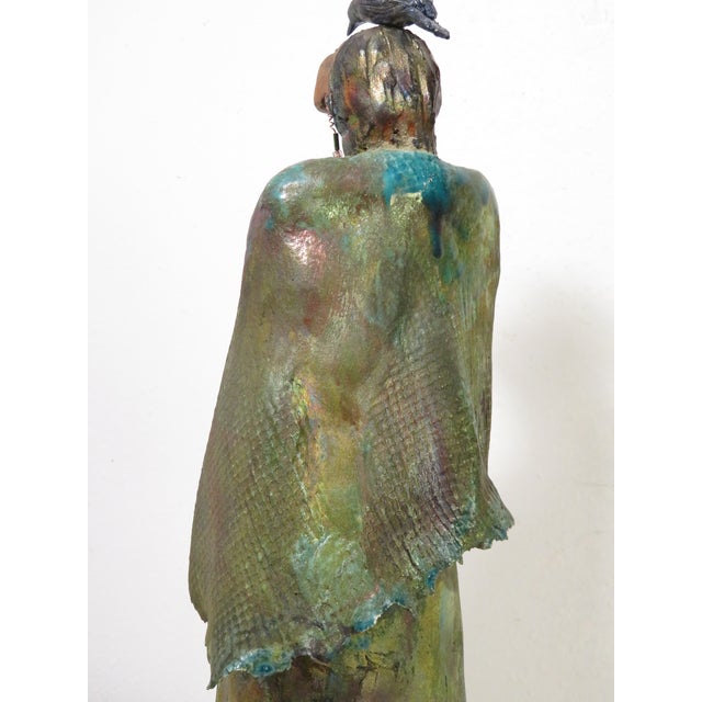 Vintage Signed 18" Raku Art Pottery ~ Native American Woman W/ Crow on Her Head ~ Figural Ceramic Sculpture For Sale - Image 13 of 18