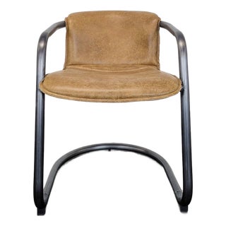 Industrial Style Lounge Chair With Metal Frame and Brown Leather Seat For Sale