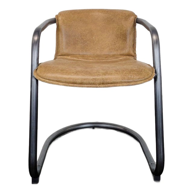 Industrial Style Lounge Chair With Metal Frame and Brown Leather Seat For Sale
