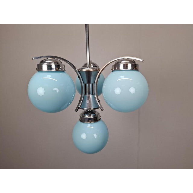 Metal Czech Art Deco Blue Opaline Glass and Chrome 4-Light Chandelier, 1930s For Sale - Image 7 of 18