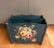 1900's muted blue green wood magazine rack with beautiful hand painted flowers and scalloped edge design.