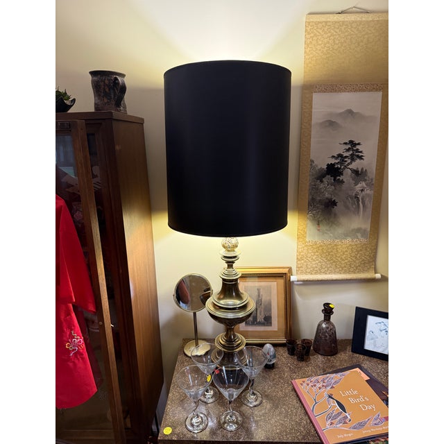 Curated Pair of Monumental Vintage Stiffel Neoclassical Brass Table Lamps With Custom Black Shades For Sale - Image 10 of 11