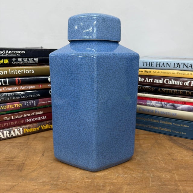 Early 20th Century Blue Green Crackle Glaze Hexagonal Lidded Jar For Sale - Image 5 of 9