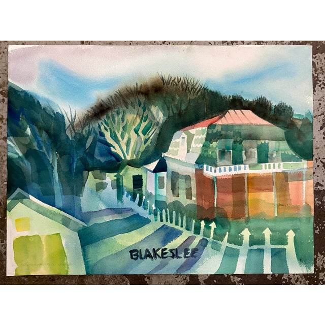 1960s Watercolor on paper of a house in a landscape by artist Tina Blakeslee. Signed lower center.