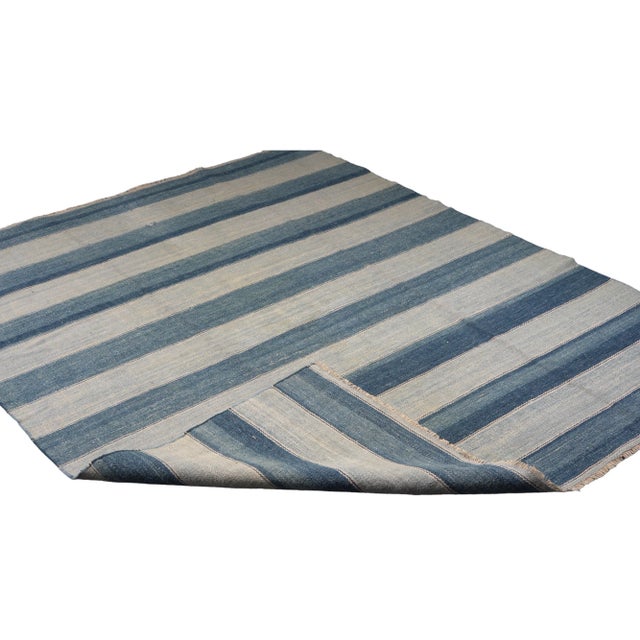 1950s Vintage Dhurrie Rug, With Blue and Silver Stripes, From Rug & Kilim For Sale - Image 5 of 6