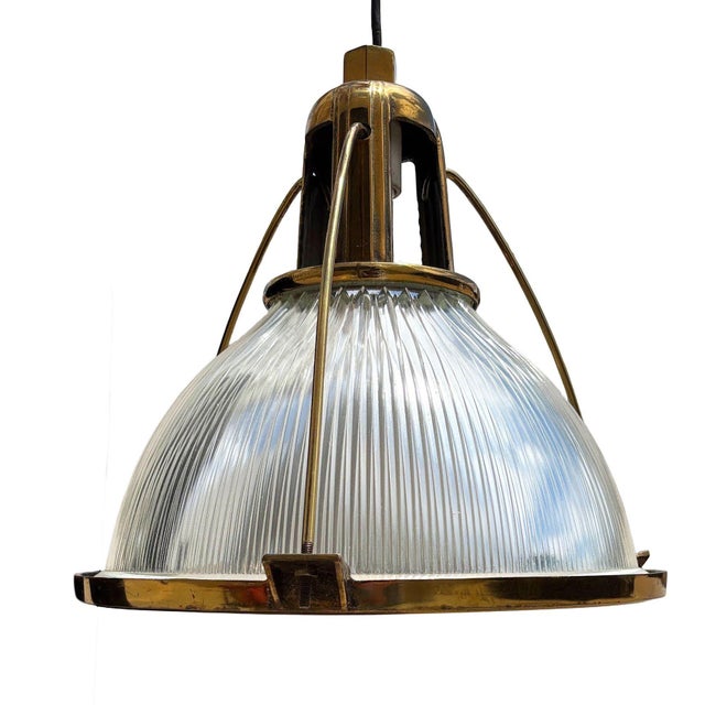 Mid 20th Century Rare Brass Plated Holophane Industrial Hanging Pendant Light For Sale - Image 4 of 7