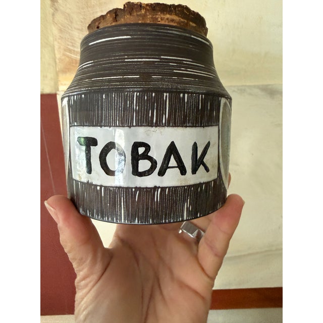 Vintage Italian Tobak Jar With Cork Lid | Mid-Century Modern Pottery Tobacco Canister | Hand-Painted Foliage Motif For Sale - Image 10 of 12