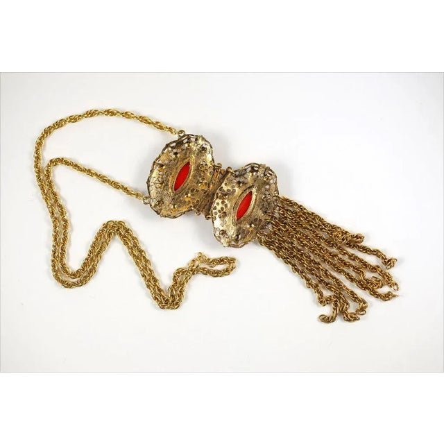 Gold 1950s Goldtone Filigree and Faux Coral Pendant Necklace For Sale - Image 8 of 9