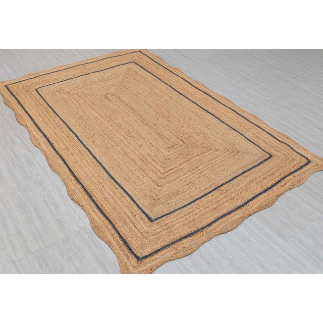 Tan Navy Natural Jute Wave Scallop Rug 2x3 Ft. For Sale - Image 8 of 12