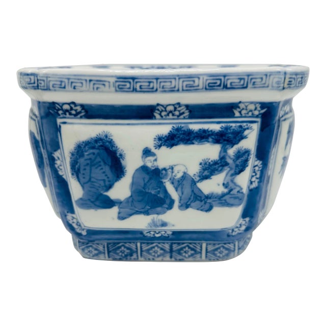 Vintage Chinoiserie Blue and White Planter For Sale