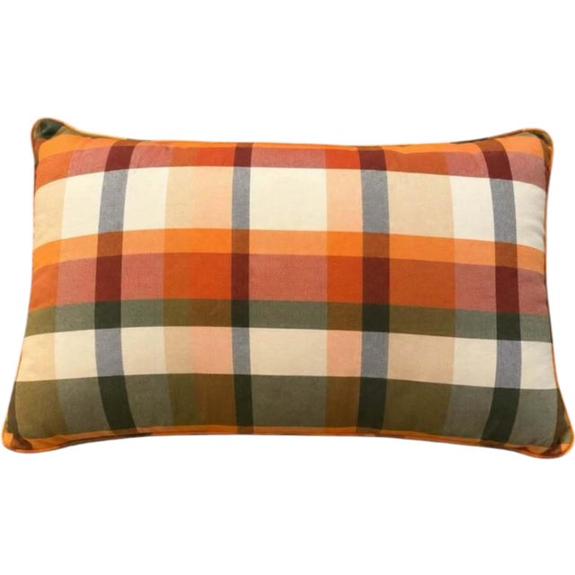Festive throw pillow has green vintage truck with pumpkins design. Back has plaid pattern in orange, green, and cream....