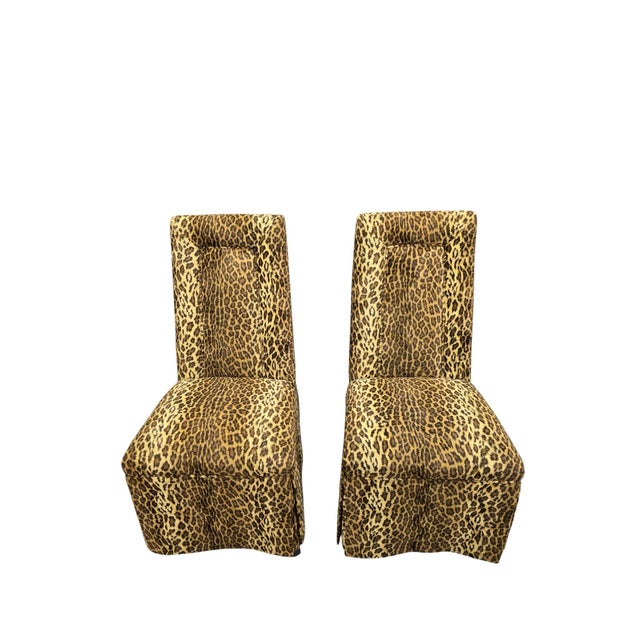 Vintage Henredon Style High-Back Skirted Side Chairs in Cheetah Print Upholstery – Pair Elegant pair of vintage Henredon...