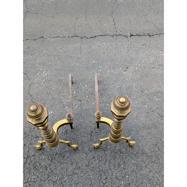 Vintage Heavy Brass Beehive Style Andirons - A Pair For Sale - Image 4 of 7