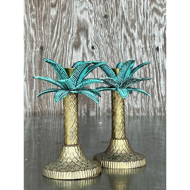 Late 20th Century Vintage Coastal Patinated Metal Palm Tree Candlesticks- Set of 2 For Sale - Image 5 of 11