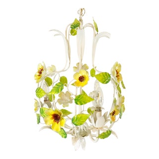 Mid-Century Yellow Floral Tole Chandelier For Sale