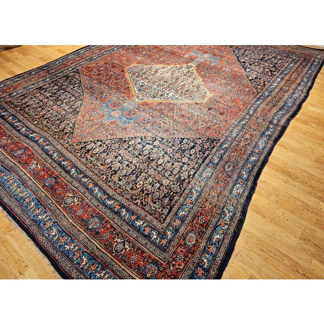 19th Century 19th Century Oversized Persian Bidjar Rug, Hand-Knotted Wool, Geometric Herati Pattern, Red & Blue, 13x18 For Sale - Image 5 of 18