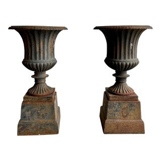 Vintage French Cast Iron Pair of Garden Urns With Pedestal Bases For Sale