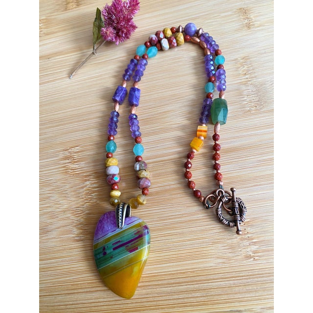 Artisan Multigemstone Necklace With Agate Heart Pendant and Patinated Copper For Sale - Image 4 of 9