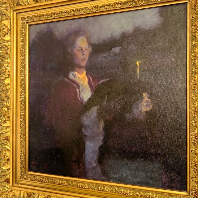 Figurative 1980s Modern American School Oil on Canvas Signed Framed Titled Night Reader For Sale - Image 3 of 11