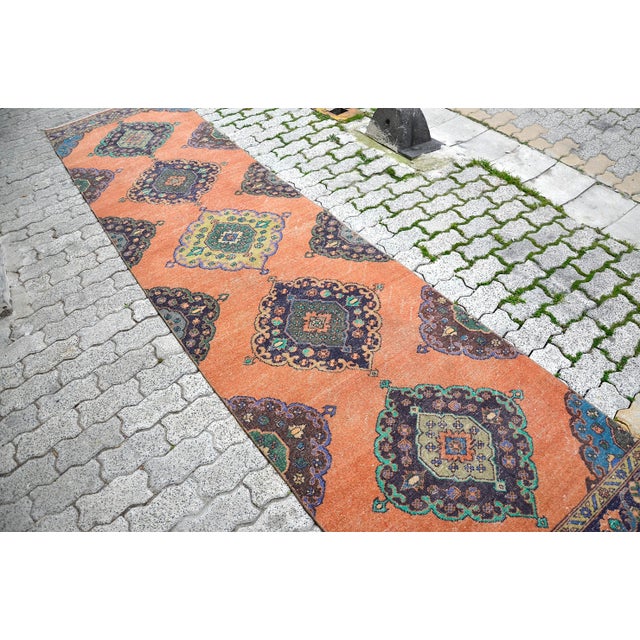 Textile 1960s Pastel Muted Orange Hand Made Wool Runner Rug For Sale - Image 7 of 11