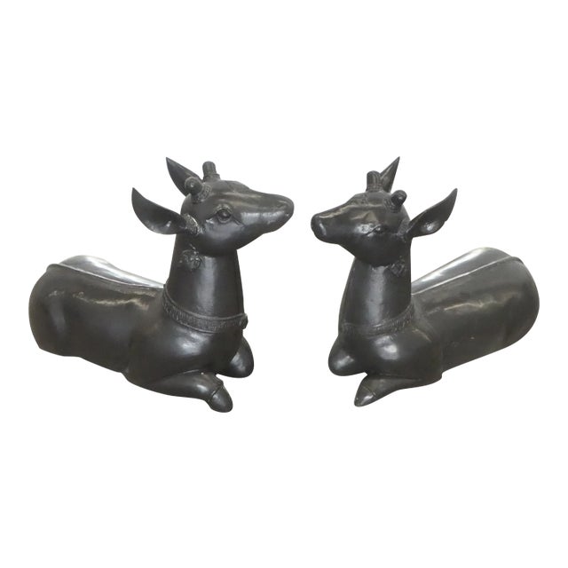 Vintage Far East Hand Carved Seated Wooden Deer Figurines A Pair