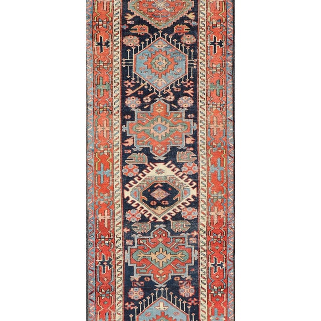 Tribal Antique Heriz Serapi Runner With Colorful Highly Stylized Medallion Design For Sale - Image 3 of 13
