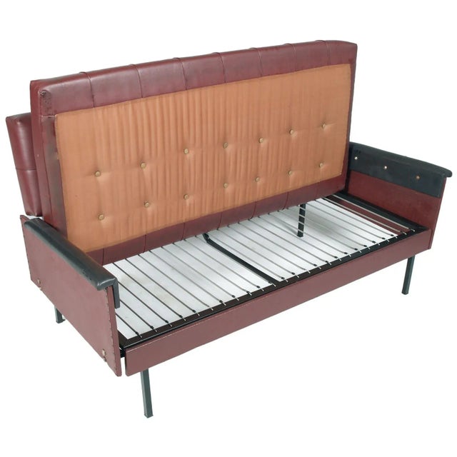 Italian Cubist Iron & Faux Leather Armchairs and Daybed, 1960s, Set of 3 For Sale - Image 4 of 12