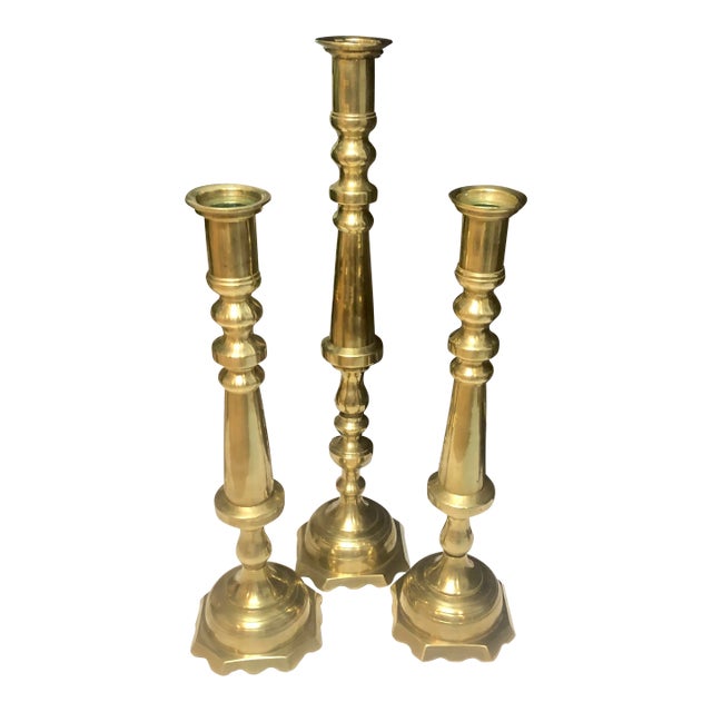 Brass Floor Candle Sticks Fireplace Hearth Candle Holders- Set of 3 For Sale