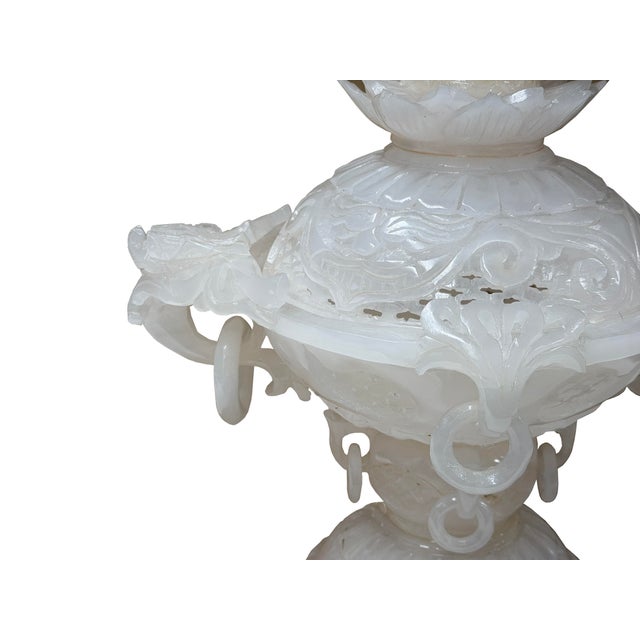 Asian Dragon Relief Carving White Stone Incense Holder Lidded Urn Ceremonial Vessel For Sale - Image 12 of 18