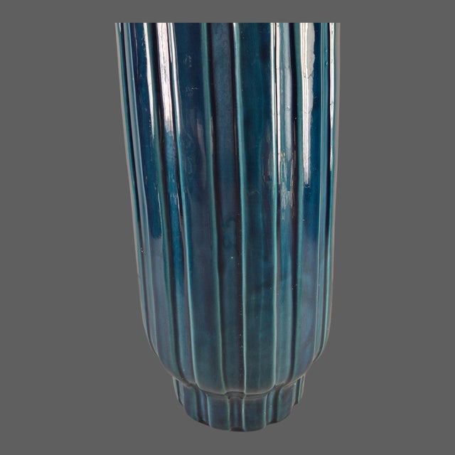 Mid-Century Modern Late 20th Century Mid-Century-Modern Tall 24.5'' Ribbed Blue Glazed Pottery Floor Table Vase For Sale - Image 3 of 9