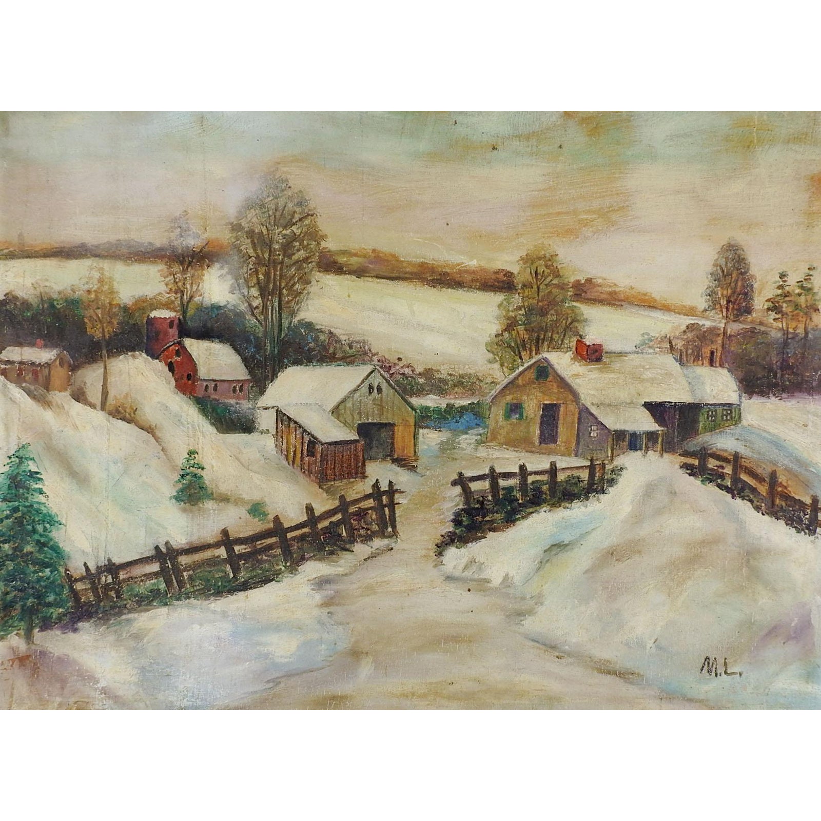 Early 20th Century Folk Art Farm in Winter Painting | Chairish